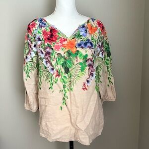 Chico's 100% Linen Popover Top 2 Petite Floral V Neck 3/4 Sleeve Travel Resort L